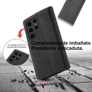 Cover per Samsung Galaxy S23 Ultra Custodia con Vetro Temperato, Premium PU Portafoglio Slot per Scheda RFID Antifurto Funzione Supporto Flip Case, Antiurto per Samsung S23 Ultra 5G Cover (Nero)