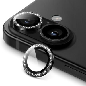 JETech Pellicola Fotocamera per iPhone 16 6,1 Pollici e iPhone 16 Plus 6,7 Pollici, Glitter Scintillant 9H Vetro Temperato Anello Metallico Individuale Cover, HD Chiaro, 1 Set (Nero)