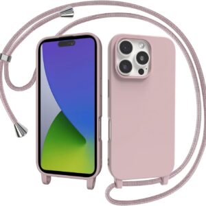 AOMYKE Cover per iPhone 16 Pro con Cordino, Custodia con Laccio Collana Tracolla Collo Liquido Silicone Antiurto TPU Antiurto AntiGraffio Case – Rosa