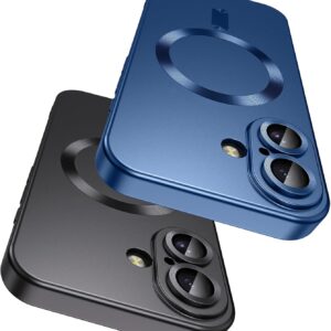 Cover Magnetica per iPhone 16 6,1 Pollici – Compatibile con MagnSafe – Protettore Integrato per Lenti della Fotocamera – Custodia Sottile in silicone morbido con Lustro Metallico – Nero + Blu