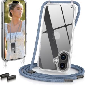 GOODVISH Cover iPhone 16 Trasparente con Cordino, Custodia con Regolabile Collana per iPhone 16 6.1″, [Antiurto] [AntiGraffio] [Antiscivolo] Case con Laccio Tracolla, Blu