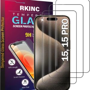 RKINC Vetro Temperato [3 Pezzi] per iPhone 15 / iPhone 15 Pro 6.1-Inch, Pellicola salvaschermo, Durezza 9H 0,33 mm [antigraffio][antifrantumazione][senza bolle][garanzia a vita]