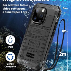 Beeasy Cover per iPhone 16 Pro Max IP68 Impermeabile,360 Antiurto Militare Rugged Armor,Resistente Indistruttibile Metallo Custodia,Subacquea Protezione Case per iPhone 16 Pro Max,Nero