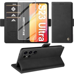 Cover per Samsung Galaxy S23 Ultra Custodia con Vetro Temperato, Premium PU Portafoglio Slot per Scheda RFID Antifurto Funzione Supporto Flip Case, Antiurto per Samsung S23 Ultra 5G Cover (Nero)