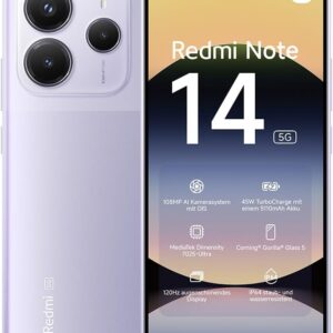 Smartphone Xiaomi Redmi Note 14 5G, 8+256GB, Sistema fotografico AI da 108MP, batteria da 5110mAh, display con tecnologia Eye-Care da 120Hz, funzionalità AI (caricabatterie non incluso),Viola