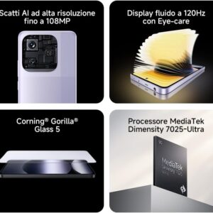Smartphone Xiaomi Redmi Note 14 5G, 8+256GB, Sistema fotografico AI da 108MP, batteria da 5110mAh, display con tecnologia Eye-Care da 120Hz, funzionalità AI (caricabatterie non incluso),Viola