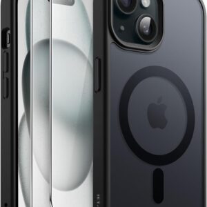 JETech 3 in 1 Cover Magnetica per iPhone 15 6,1 Pollici con Pacco da 2 Vetro Temperato Pellicola Protettiva, Compatibile con MagSafe, Traslucida Opaca Retro Custodia (Nero)