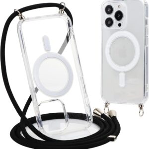 Yoedge Magnetica Trasparente Cover con Cordino per Samsung Galaxy S23 Ultra 5G 6,8″, [Compatibile con MagSafe] Custodia con Collana Sottile Morbida Silicone TPU Antiurto Bumper Case con Magneti, Nero