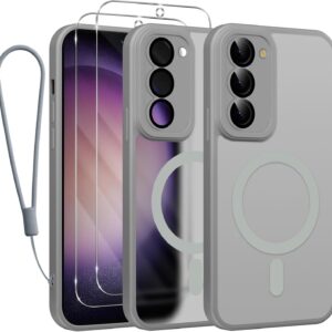 Phoona Cover Magnetica per Samsung Galaxy S23 5G 6,1″ con Cordino e 2 Pellicole in Vetro Temperato, Compatibile con Magsafe, Custodia Traslucida Opaca Resistente Antiurto Protettiva Case, Grigio