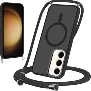 Yoedge Magnetica Cover per Samsung Galaxy S23 5G 6,1″ con Cordino, Compatibile con MagSafe, Corda Collana Tracolla Laccio Custodia Traslucida PC TPU Antiurto Protettiva Case per Samsung S23, Nero