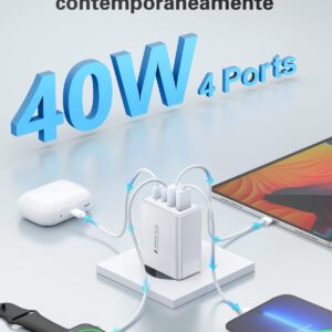 Caricatore USB C Presa, 40W 4-Porto Alimentatore USB Multipla Ricarica Veloce Tipo C Caricabatterie Spinotto Multiplo Carica Spina Rapido Caricatore per iPhone 16 15 14 13 12 11 Pro Max Plus,Samsung