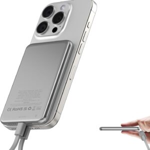 Magsafe Power Bank 5000mAh, Caricatore Portatile Magnetico, Slim PD 20W Ricarica Rapida Wireless PowerBank, USB-C Battery Pack cavo di Ricarica con Cordino per iPhone 16/15/14/13/12/Pro/Pro/Max
