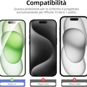 NEW’C 4 Pezzi, 2 x Pellicola Vetro Temperato per iPhone 15 (6,1″) e 2 x Pellicola Vetro Protettiva Fotocamera Posteriore per iPhone 15 (6,1″)-Ultra Resistente – Vetro Durezza 9H