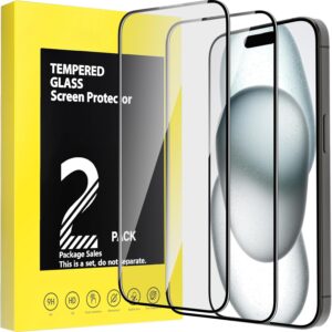 Rikazon Vetro for iPhone 16/15 6,1 Pollici, 2 Pezzi Pellicola Temperato Durezza 9H Anti Graffio Vetrino Protettivo Anti-Impronte Ultra Resistente Senza Bolle 0,33mm HD Chiaro e Bordo Nero