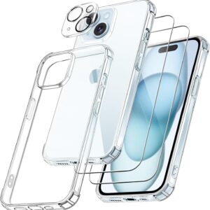 FLLAO 4 in 1 Cover per iPhone 15 Custodia con 2 Pellicola Vetro Temperato e 1 Fotocamera Protettiva, [Cuscino d’aria integrato] Antiurto Antigraffio Morbido TPU Bumper Protection Cover iPhone 15
