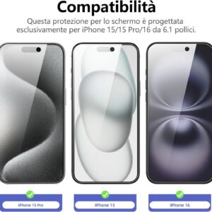 NEW’C 3 Pezzi [Versione aggiornata] Vetro Temperato per iPhone 16,iPhone 15,iPhone 15 Pro (6,1 pollici), Pellicola Prottetiva Anti Graffio,Senza Bolle, Durezza 9H, Ultra Trasparente, Ultra Resistente