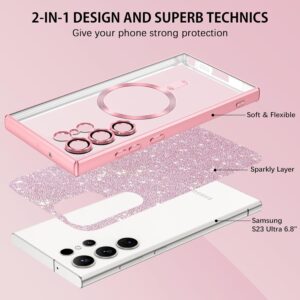 DUEDUE Cover Magnetica per Samsung Galaxy S23 Ultra 6.8″[Compatibile con MagSafe], Custodia per Samsung S23 Ultra Case Glitter Sottile Lucida TPU Silicone Anti-Scivolo, Ricarica Wirelesse, Rosa