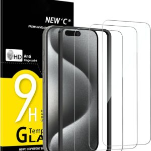 NEW’C 3 Pezzi, Vetro Temperato per iPhone 15 Pro (6,1 Pollici), Pellicola Prottetiva Anti Graffio – Ultra resistente – Trasparente HD – Strumento di installazione facile incluso
