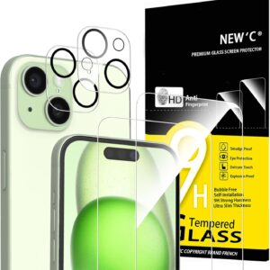 NEW’C 4 Pezzi, 2 x Pellicola Vetro Temperato per iPhone 15 (6,1″) e 2 x Pellicola Vetro Protettiva Fotocamera Posteriore per iPhone 15 (6,1″)-Ultra Resistente – Vetro Durezza 9H