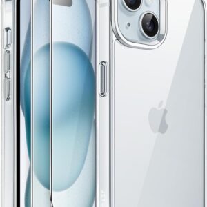 JETech 3 in 1 Cover per iPhone 15 6,1 Pollici con Pacco da 2 Vetro Temperato Pellicola Protettiva, Anti Ingiallimento Antiurto Paraurti Cellulare Custodia (Trasparente)