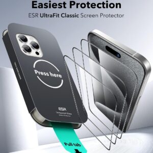 ESR Pellicola Vetro Temperato per iPhone 15 Pro, Protezione di livello militare, Durezza 9H, Vetro temperato a copertura totale con supporto UltraFit, 3 Pezzi
