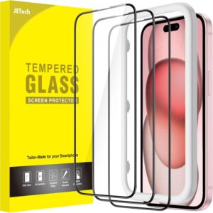JETech Pellicola Protettiva a Copertura Totale per iPhone 15 6,1 Pollici, Bordo Nero Vetro Temperato Film con Strumento di Installazione Facile, Compatibile con Cover, HD Chiaro, Pacco da 3