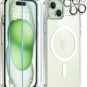 YisrLery Magnetica Cover per iPhone 15 con 2 Vetro Temperato e 2 per Fotocamera, Compatibile MagSafe Hard PC Anti-Graffio Protettiva Case Antiurto Custodia con Bumper TPU (Trasparente)