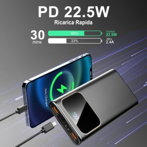Power Bank 10000mAh, 22.5W Ricarica Rapida Powerbank per iPhone 16/15/14/13/12/11 Samsung Xiaomi etc, Leggero Caricatore Portatile con 3A USB-C Ingressi e Uscite Compatibile con Android iOS 2025