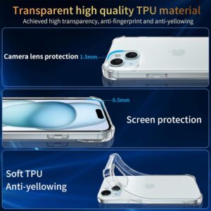 FLLAO 4 in 1 Cover per iPhone 15 Custodia con 2 Pellicola Vetro Temperato e 1 Fotocamera Protettiva, [Cuscino d’aria integrato] Antiurto Antigraffio Morbido TPU Bumper Protection Cover iPhone 15