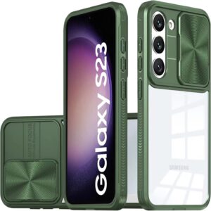 LIUKM Cover per Samsung Galaxy S23 Custodia, Scorrevole Protezione Fotocamera Ultra Sottile Leggero Hard PC Back Cover e TPU Bumper Protettiva Case [Antiurto Antiscivolo AntiGraffio] – Verde scuro