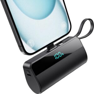 Mini Power Bank per iPhone, 5500mAh Caricabatterie Portatile con Cavo USB C Integrati 20W PD Ricarica Rapida Powerbank Compatto Batteria Esterna con LED Display per iPhone 16/15/14/13/12/11/8/7/6 Ecc