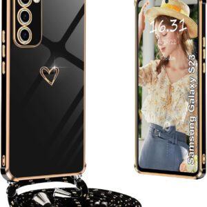Yutwo Cover Per Samsung Galaxy S23 con Cordino e Tracolla, Custodia Antiurto TPU Corda Silicone Cuore Carino – Nero