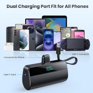 Mini Power Bank per iPhone, 5500mAh Caricabatterie Portatile con Cavo USB C Integrati 20W PD Ricarica Rapida Powerbank Compatto Batteria Esterna con LED Display per iPhone 16/15/14/13/12/11/8/7/6 Ecc