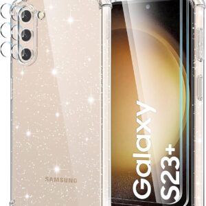 YIRSUR Cover per Samsung Galaxy S23 Plus Glitter, con 2 Pellicola Vetro Temperato e 2 Pellicola Fotocamera, Trasparente Glitter Custodia Protettiva Antiurto Morbida e in Silicone