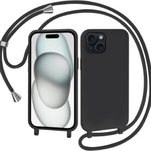 AOMYKE Cover per iPhone 15 con Cordino, Custodia con Laccio Collana Tracolla Collo Liquido Silicone Antiurto TPU Antiurto AntiGraffio Case – Nero