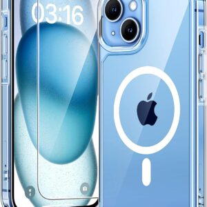 TAURI 3 in 1 Cover Magnetica per iPhone 15 [Compatibile con MagSafe] con 2 Pellicola in Vetro Temperato, Custodia Rigida per Sottile Anticaduta – Trasparente