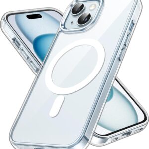 JETech Cover Magnetica per iPhone 15 6,1 Pollici Compatibile con MagSafe Ricarica Wireless, Telefono Custodia Antiurto, Retro Antigraffio Trasparente (Trasparente)