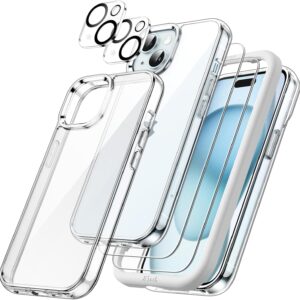 JETech 5 in 1 Cover per iPhone 15 6,1 Pollici con 2 Vetro Temperato Pellicola Protettiva e 2 Lente Fotocamera Protezione, Anti Ingiallimento Antiurto Cellulare Custodia (Trasparente)