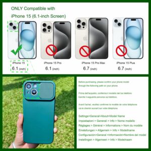Keyihan Cover per iPhone 15 (6,1″) Protezione Fotocamera con finestrino Scorrevole,Custodia in Silicone TPU Morbida Antiurto AntiGraffio,Full Body Protettiva Case Microfiber Lining,Verde Scuro
