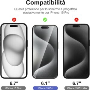 NEW’C 3 Pezzi, Vetro Temperato per iPhone 15 Pro (6,1 Pollici), Pellicola Prottetiva Anti Graffio – Ultra resistente – Trasparente HD – Strumento di installazione facile incluso