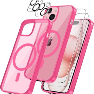 Cover per iPhone 15 Compatibile con 2 vetri temperati e 2 vetri per fotocamera, Translucent Matte Slim Back PC+TPU Bumper Shockproof Compatible Magnetic Cover per iPhone 15 – Rosso rosa