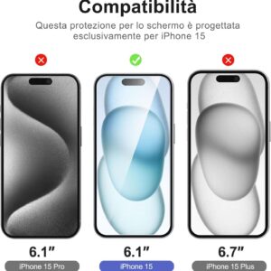 NEW’C 3 x Pellicola Vetro Temperato per iPhone 15 (6,1 Pollici) e 3 x Pellicola Vetro Protettiva Fotocamera Posteriore + Tappo Antipolvere-Strumento di installazione semplice incluso-Ultra resistente