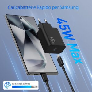 45W Caricatore USB C Caricabatterie per Samsung Galaxy S25 Ultra S24 S23 S22 S21 FE, A55 A54 A53 A35 A25 A15, Note 20 10, Tab S8 S9, Super Fast Charger Adattatore Rapido Alimentatore + 2M Tipo C Cavo