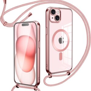 Oelrstfe Cover Trasparente con Cordino per iPhone 15 Plus con Magnetico,Custodia Sottile Morbido Silicone con Laccio Collana Tracolla Regolabile Antiurto Case con Collana per iPhone 15 Plus,Rose-Gold