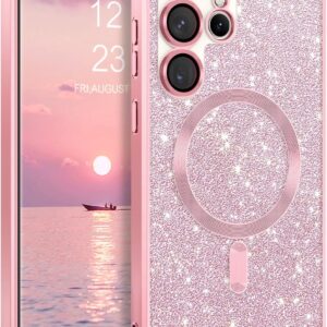 DUEDUE Cover Magnetica per Samsung Galaxy S23 Ultra 6.8″[Compatibile con MagSafe], Custodia per Samsung S23 Ultra Case Glitter Sottile Lucida TPU Silicone Anti-Scivolo, Ricarica Wirelesse, Rosa