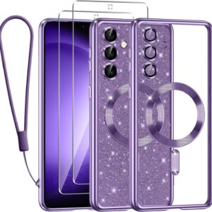 Kokio Magnetica per Samsung Galaxy S23 FE 5G Cover Glitter,Con 2* Vetro Temperato e 1* Cordini,Compatibile con MagSafe,Glitterata Custodia per Womem Girl,Con Protezione dell Obiettivo Fotocamera,Lilla
