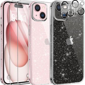 AROYI 5 in 1 Cover Compatibile con iPhone 15 Custodia Glitter Silicone Morbido TPU Protezione con 2 Vetro Temperato e 2 Vetro Fotocamera Anti-Graffio Protettiva Bling Paraurti Antiurto
