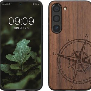kwmobile Custodia Compatibile con Samsung Galaxy S23 Cover – Back Case in Legno con Bumper in Silicone TPU – Bussola Vintage Marrone Scuro