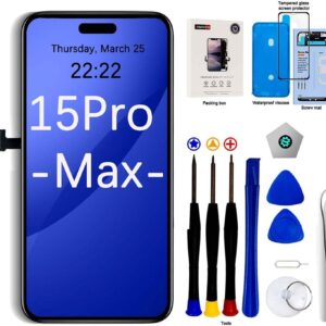 EFaith Schermo di ricambio per iPhone 15 Pro Max da 6,7 pollici, schermo LCD Full HD, touch screen 3D, montaggio con kit di strumenti di riparazione, adesivo e vetro temperato