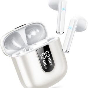 Jesebang Cuffie Bluetooth, Auricolari 5.4 con Stereo HiFi Immersivo, Auricolare con 4 HD Mic, Mini Cuffiette Bluetooth IP7 Impermeabili, Cuffie Senza Fili per iphone/samsung,LED, 30 Ore, Bianco(2025)
